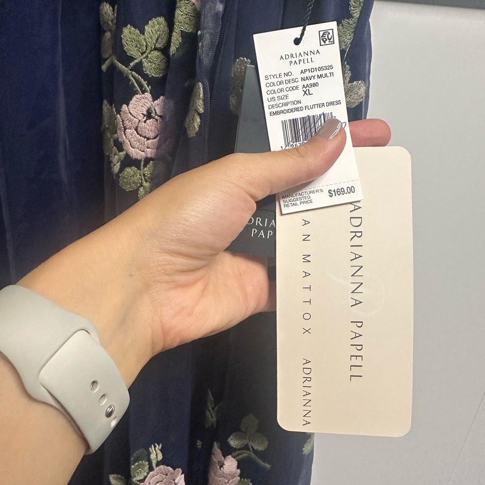 Adrianna Papell Navy Dress with Pink Floral Embroidery - Picture 3 of 6